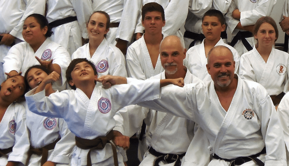 Karate class group posing playfully