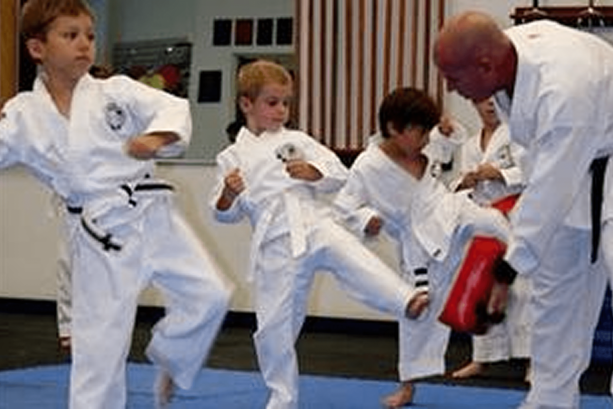 Kids in karate class kicking pads